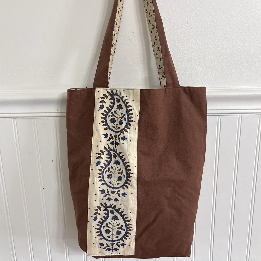 World of Good Boho Paisley Floral Tote Bag Brown Blue Artisan Hippie Cotton
